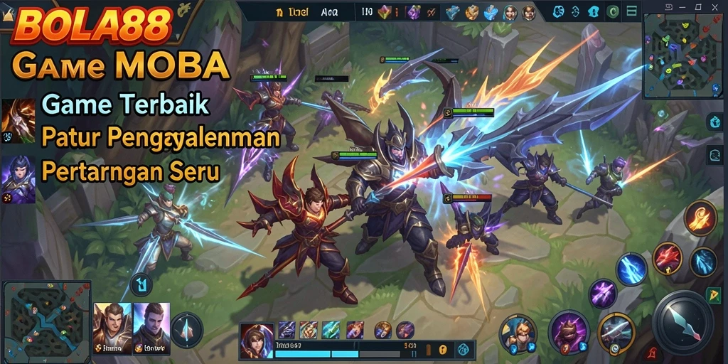 Tampilan gameplay seru di arena BOLA88 dengan aksi MOBA intens.