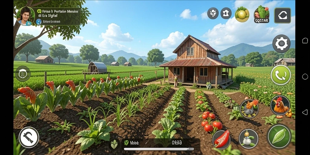 Tampilan gameplay <strong>QQSTAR</strong> menampilkan ladang yang hijau dan subur, menanam berbagai tanaman.