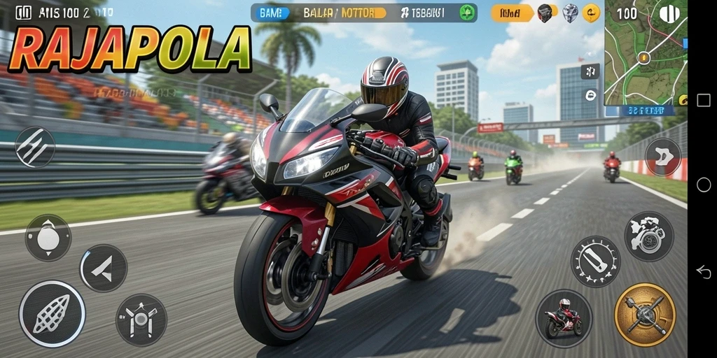 Tampilan gameplay mendebarkan di RAJAPOLA dengan adrenalin balap motor.