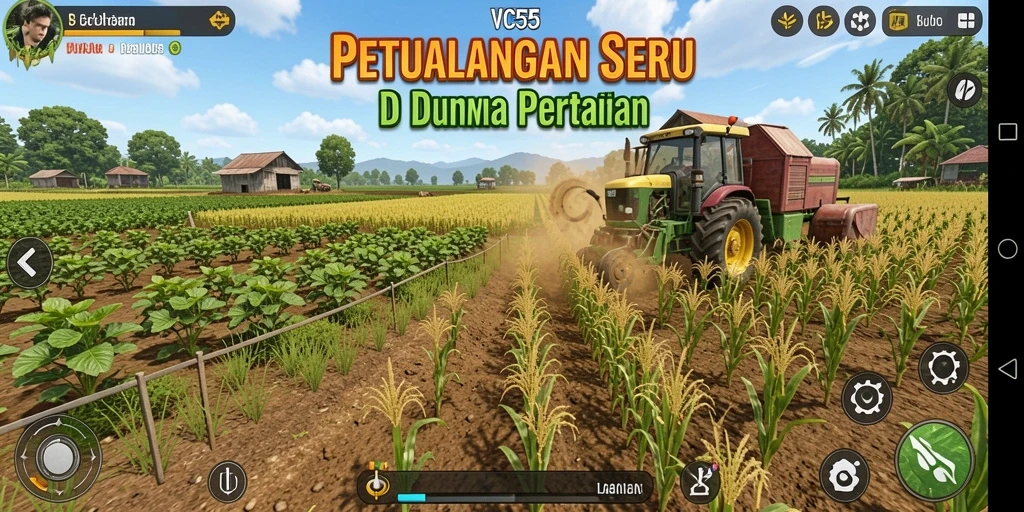 Tangkapan layar gameplay VC55 menampilkan keseruan bertani dengan tanaman dan hewan.